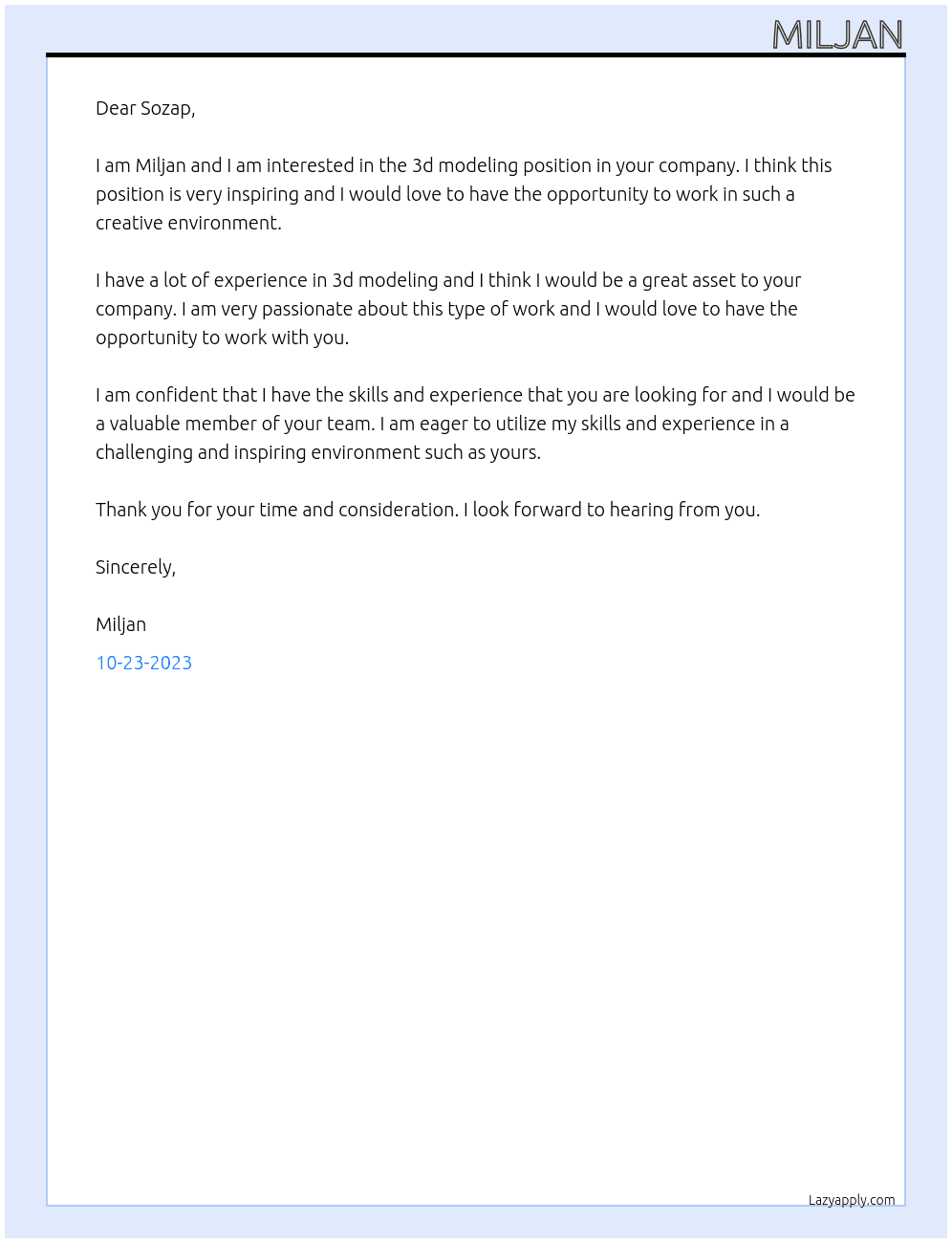 3d modeling At Sozap Cover Letter