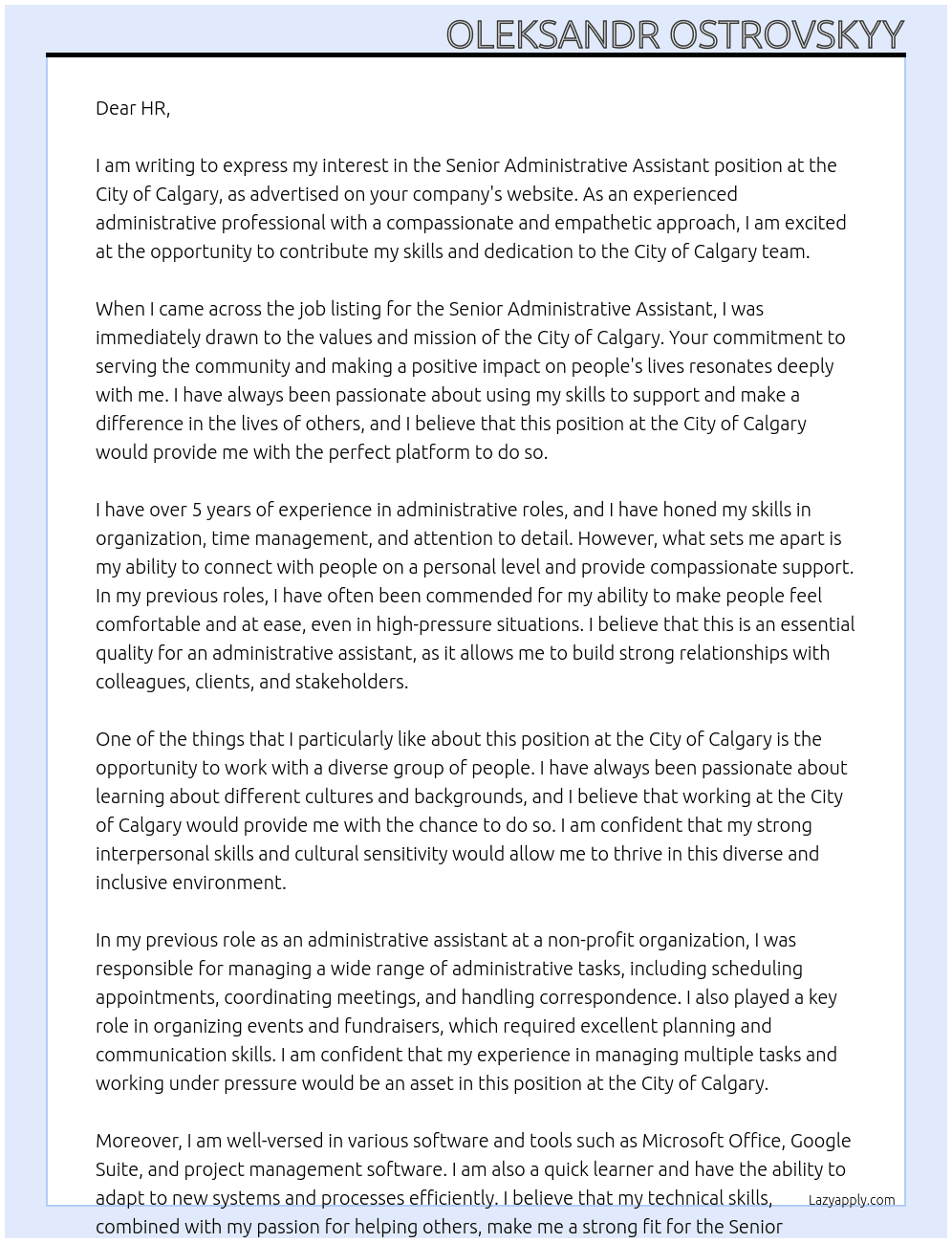 Senior Administrative Assistant At City of Calgary Cover Letter