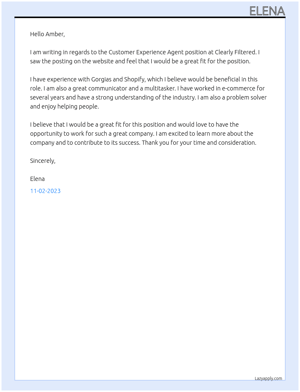 Customer Experience Agent At Clearly Filtered Cover Letter