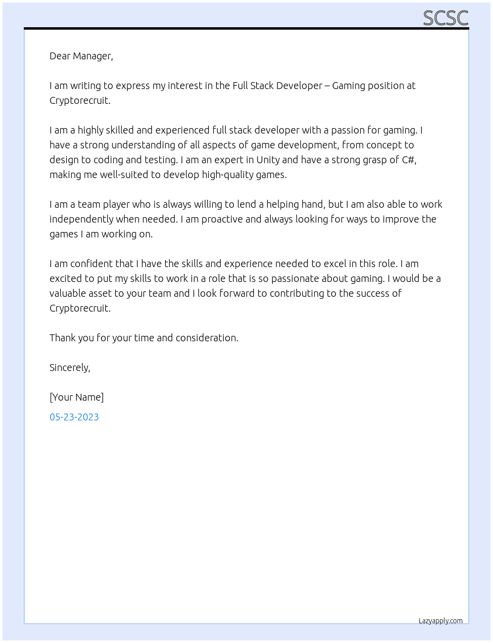 Full Stack Developer - Gaming At Cryptorecruit  Cover Letter