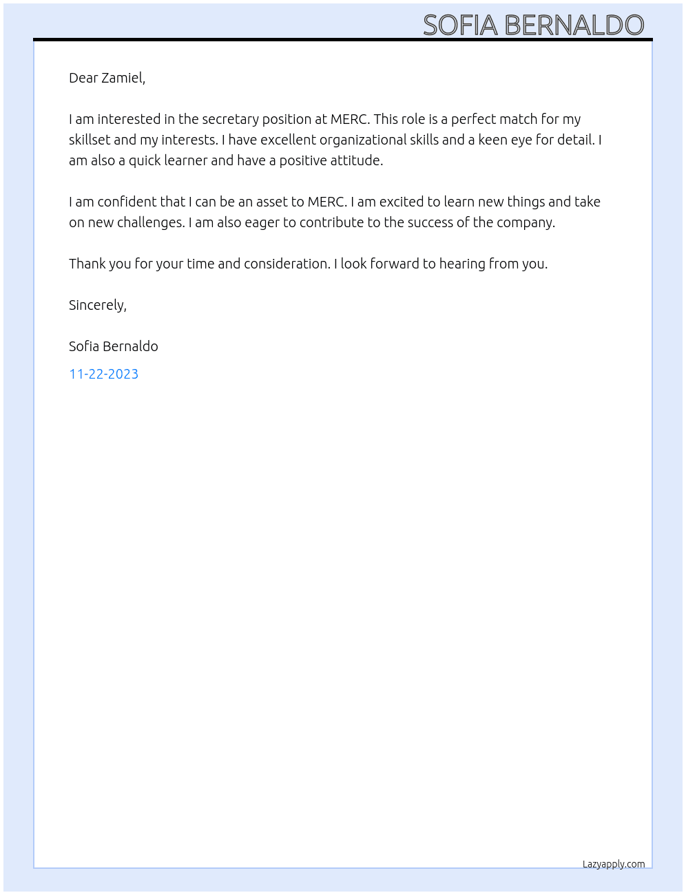 Secretary  At MERC Cover Letter