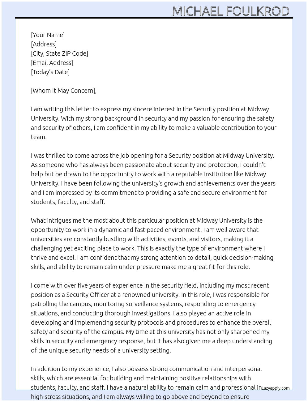 Security  At Midway university  Cover Letter