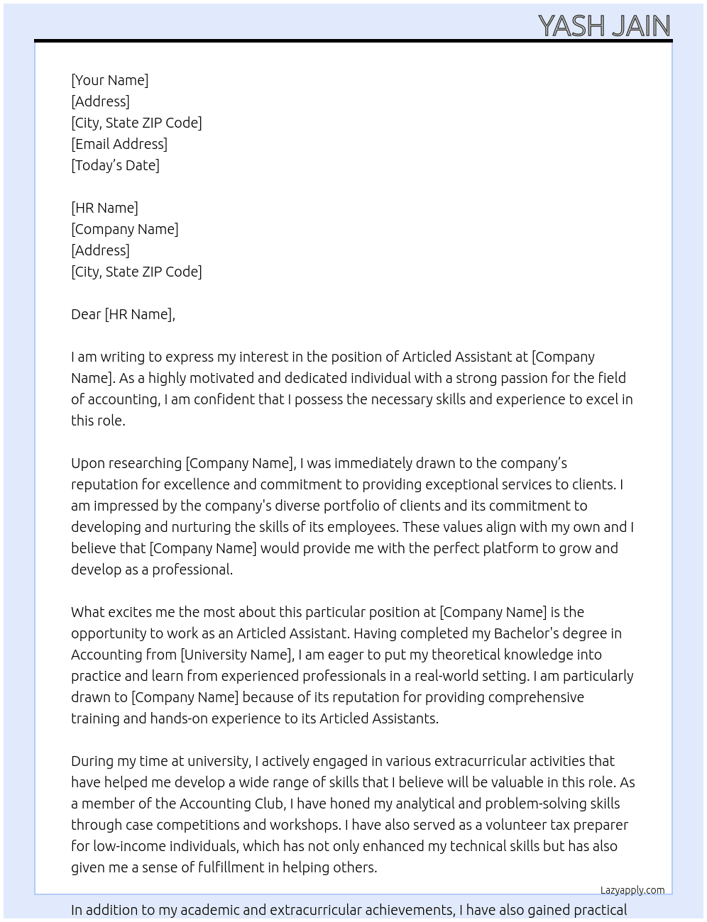 Articled Assistant  At Articled Assistant  Cover Letter