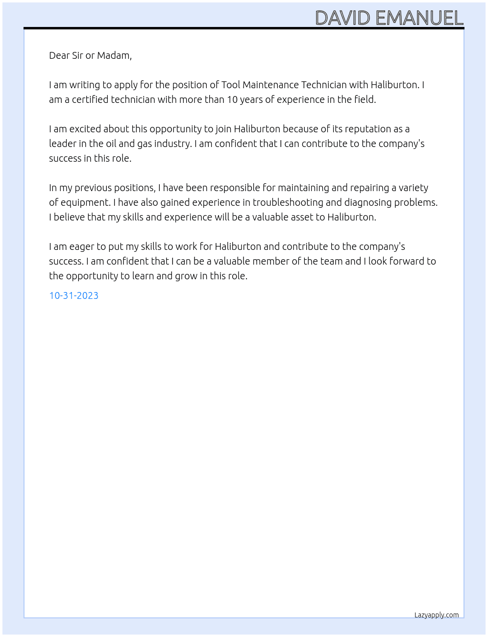 Tool Maintenance Technician At Haliburton Cover Letter