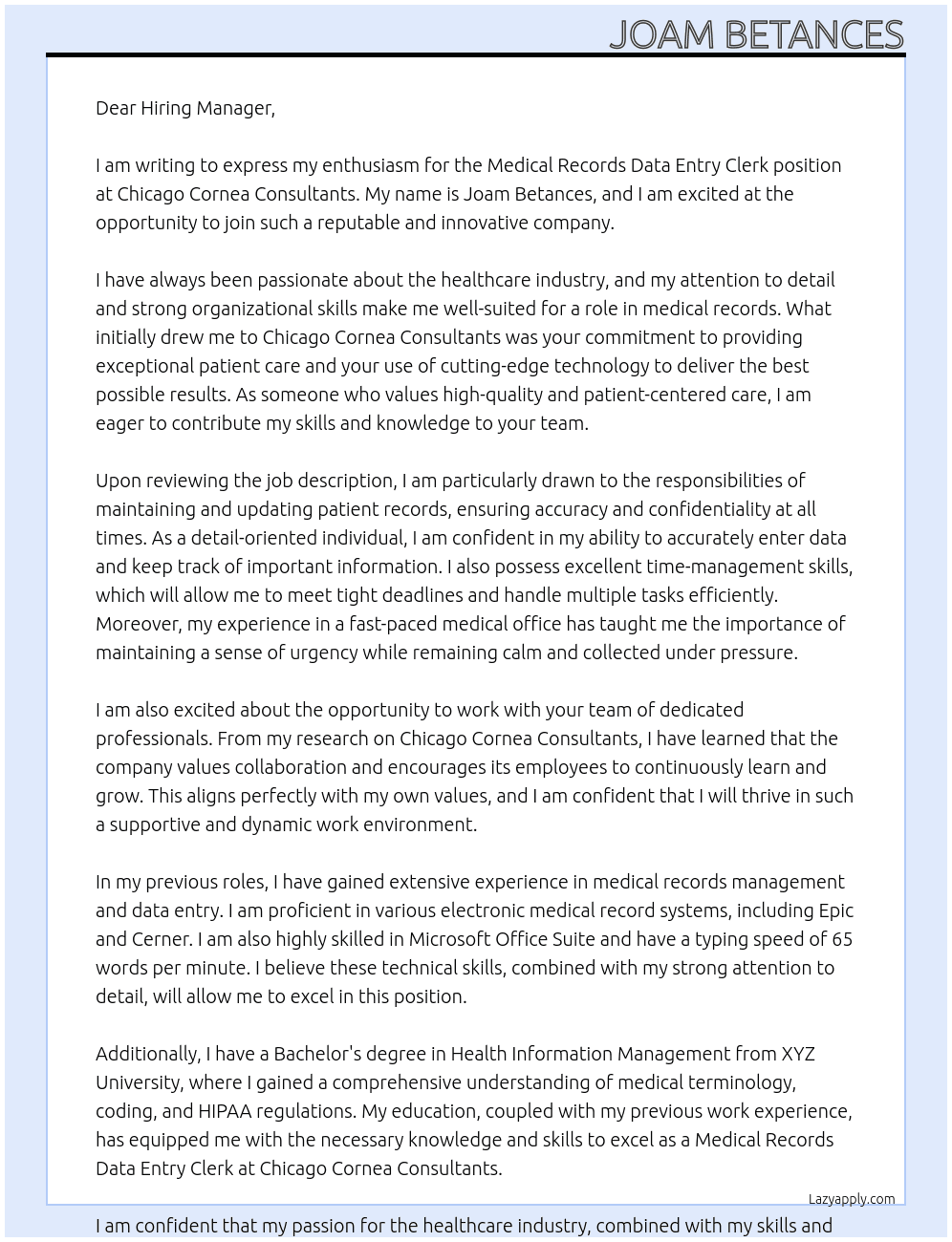 Medical Records Data entry Clerk At Chicago Cornea Consultants Cover Letter