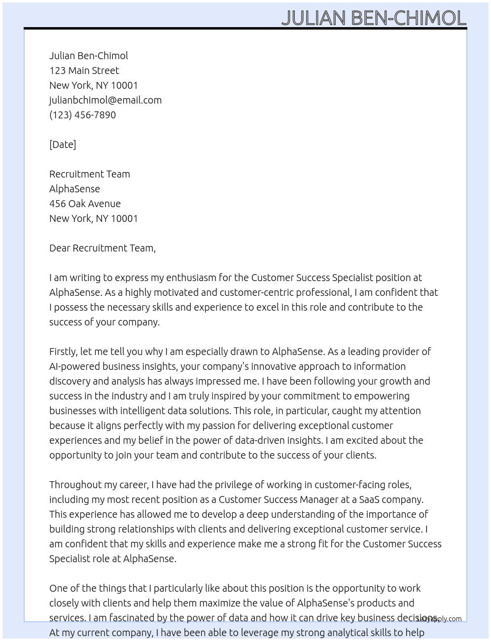 Customer Success Specialist At  AlphaSense Cover Letter