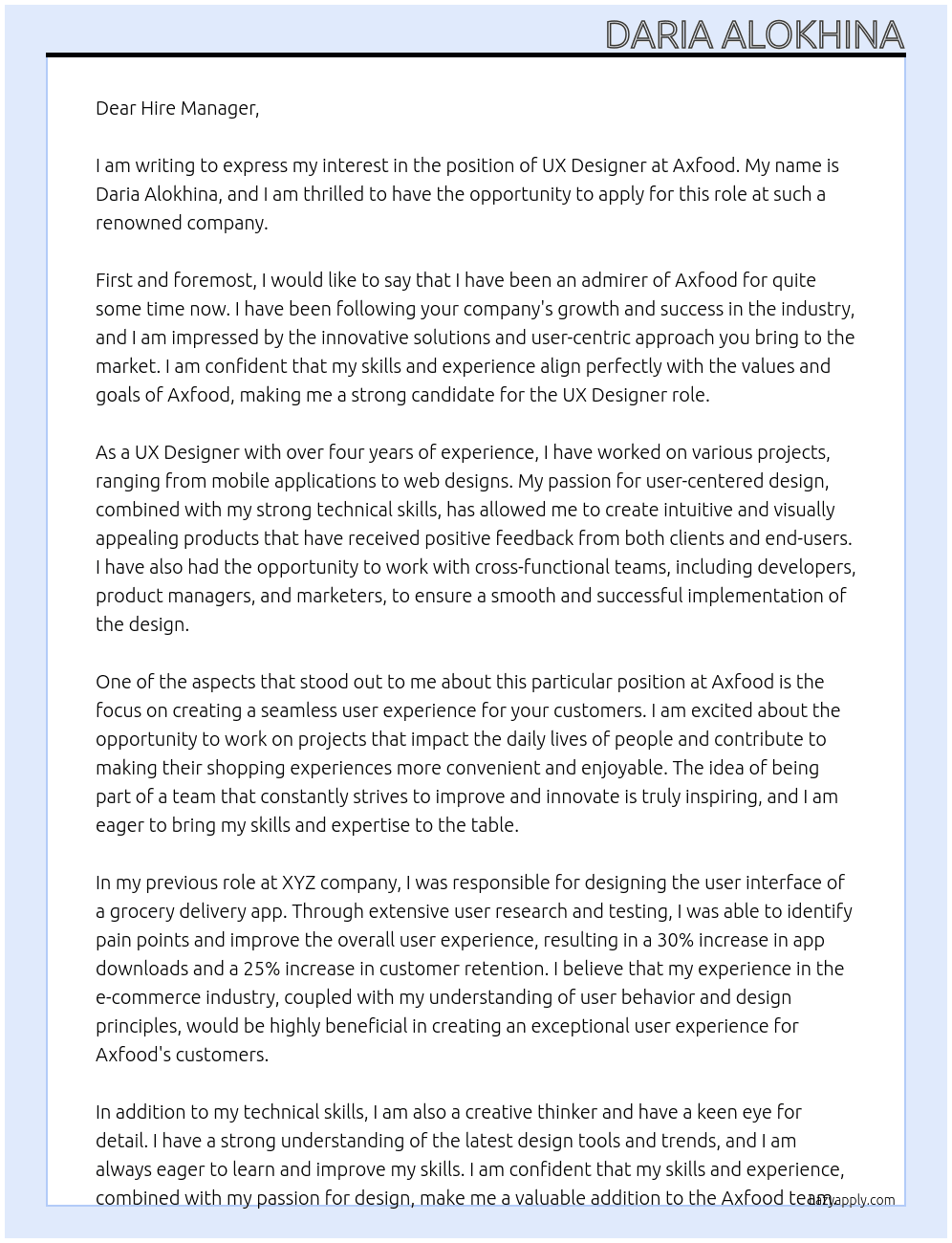 UX Designer At Axfood Cover Letter