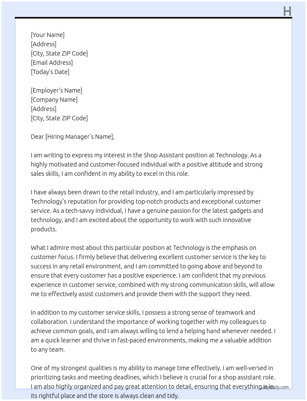 shop assistant At Technology Cover Letter