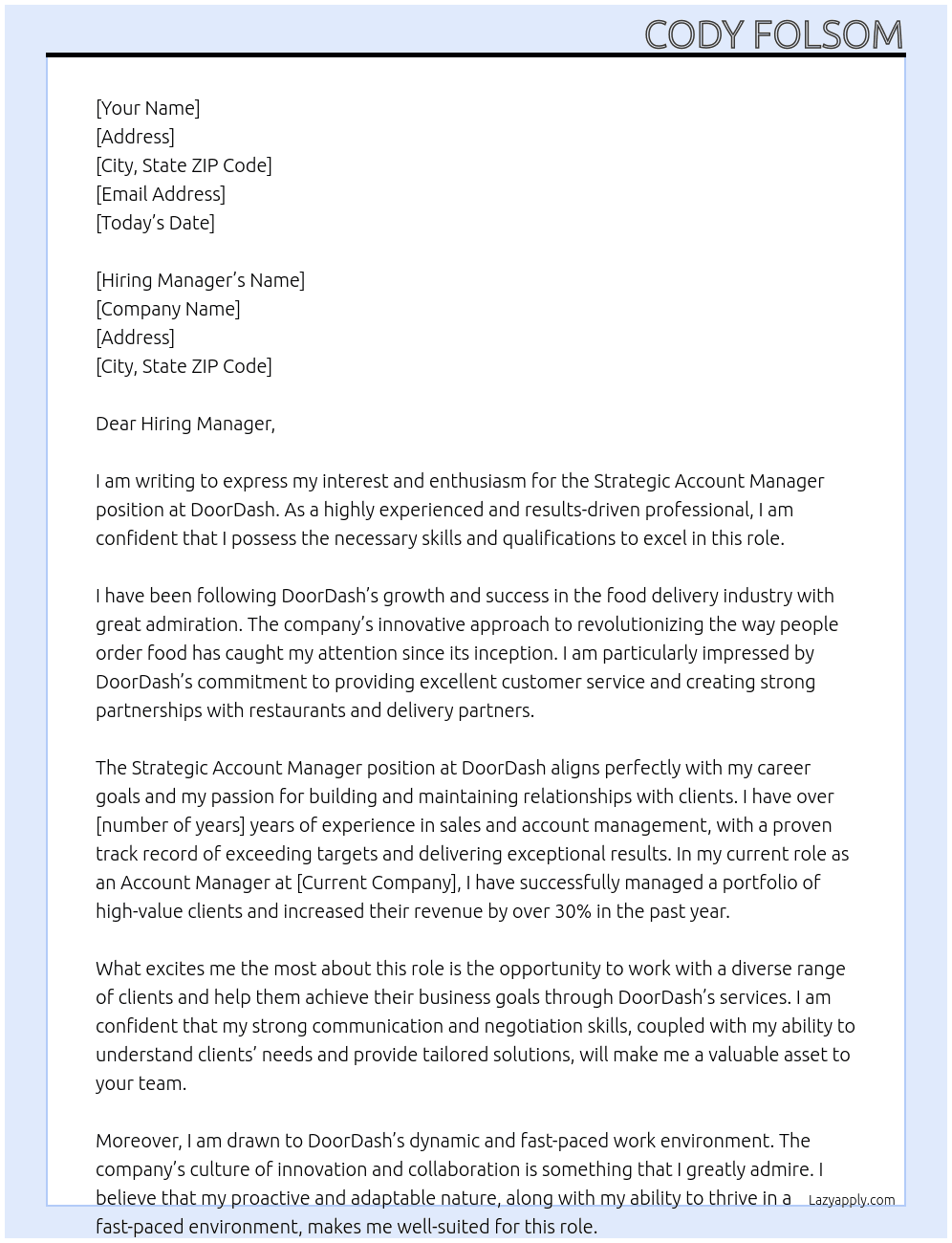 Strategic Account Manager At DoorDash  Cover Letter
