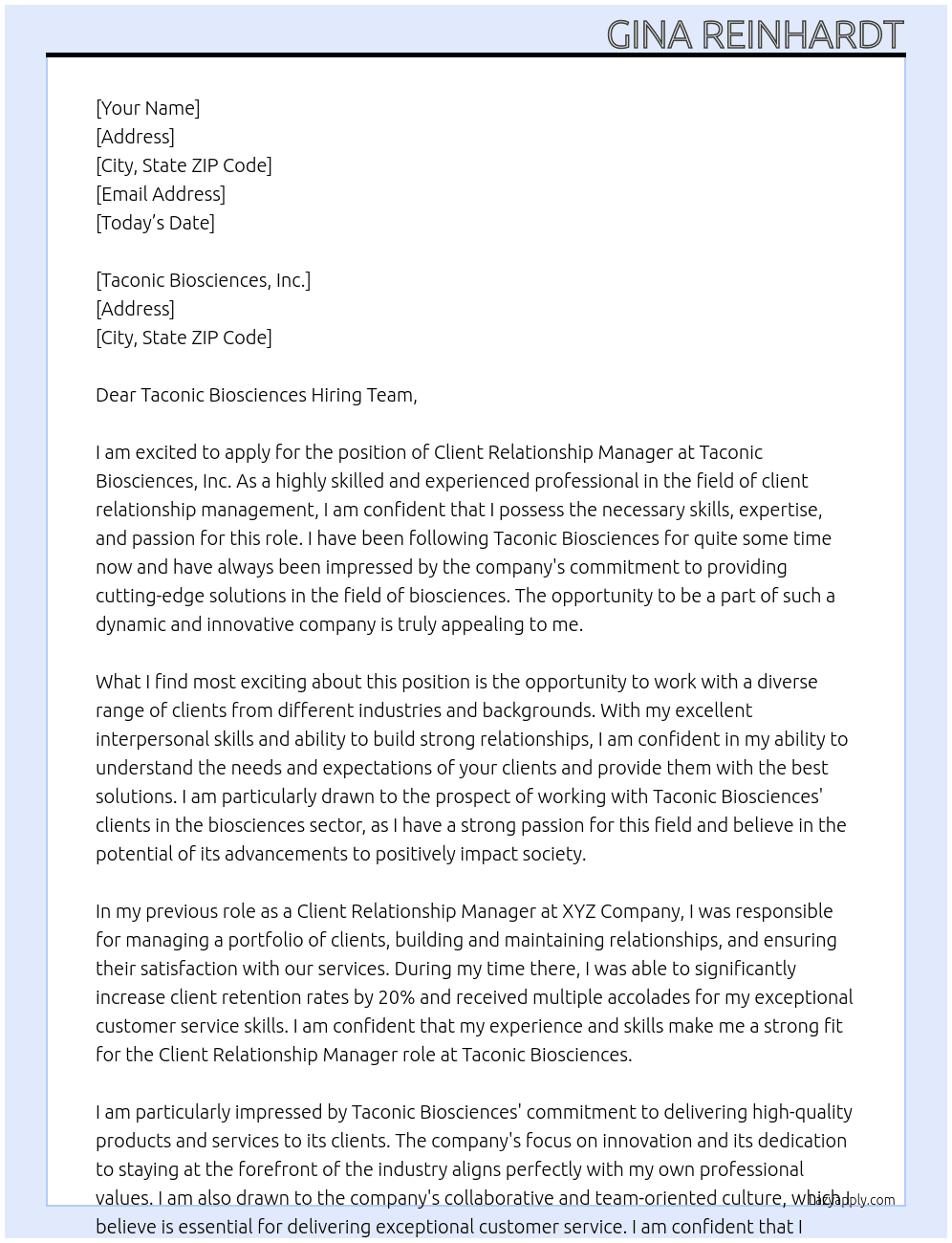 Client Relationship Manager At Taconic Biosciences  Cover Letter