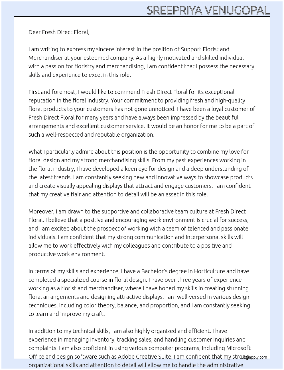 Support florist and merchandiser At Fresh Direct Floral Cover Letter