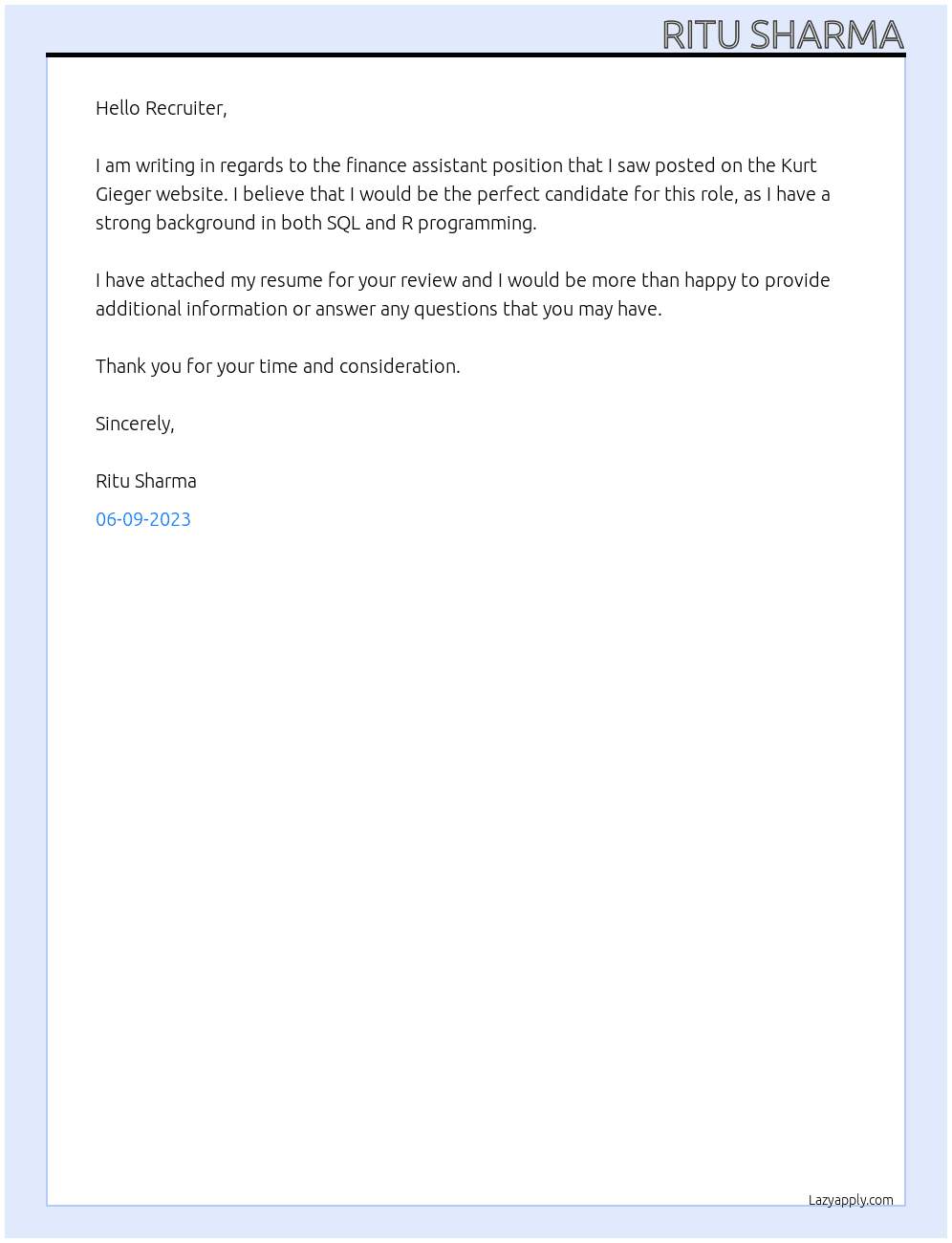 finance Asistant At Kurt Gieger Cover Letter