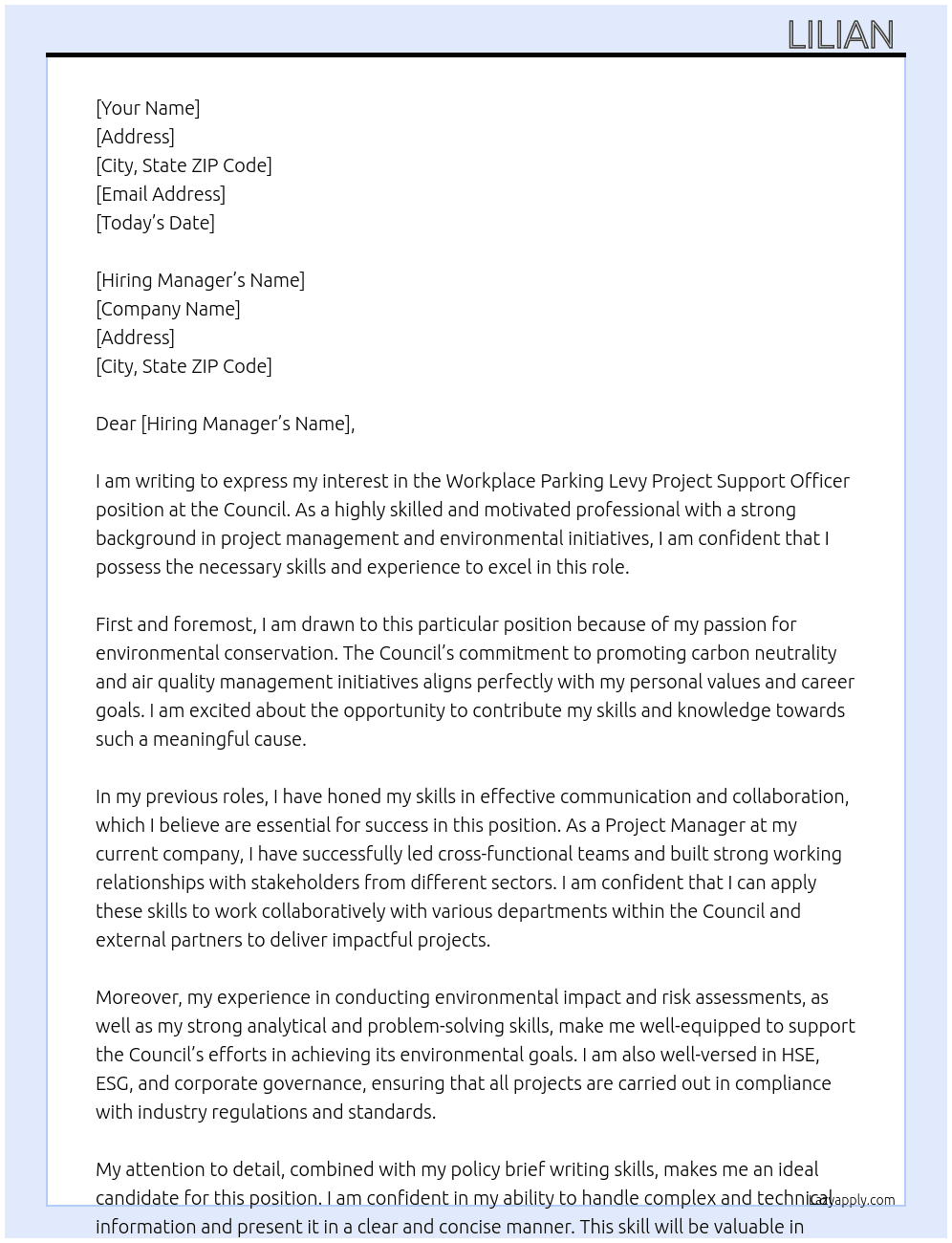Workplace Parking Levy Project Support Officer At the council Cover Letter