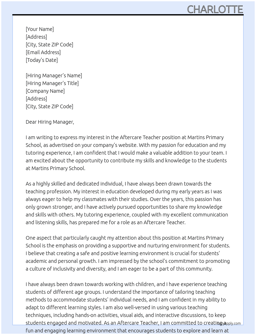 Aftercare Teacher At Martins Primary school  Cover Letter