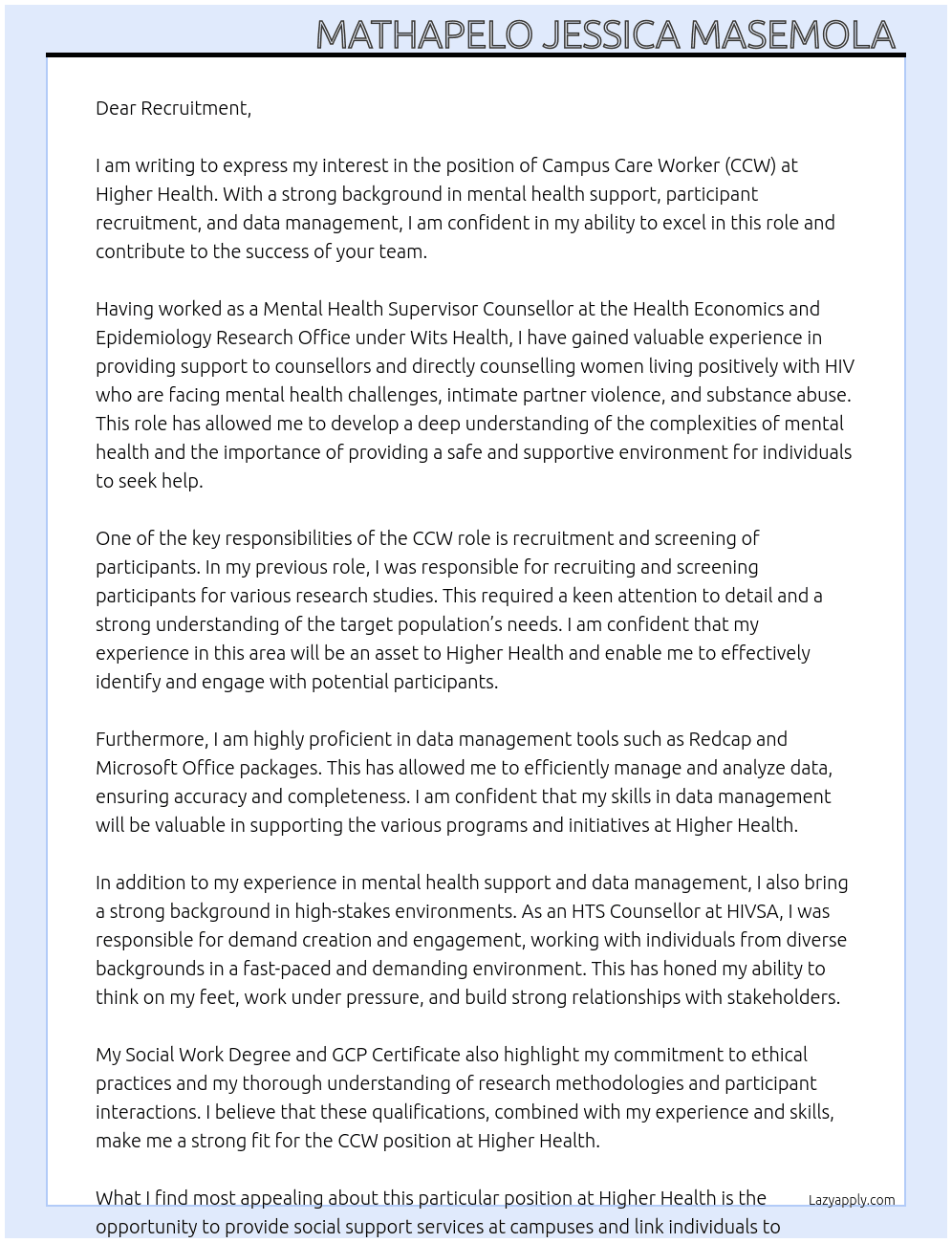 Campus Care Worker (CCW) At HIGHER HEALTH  Cover Letter