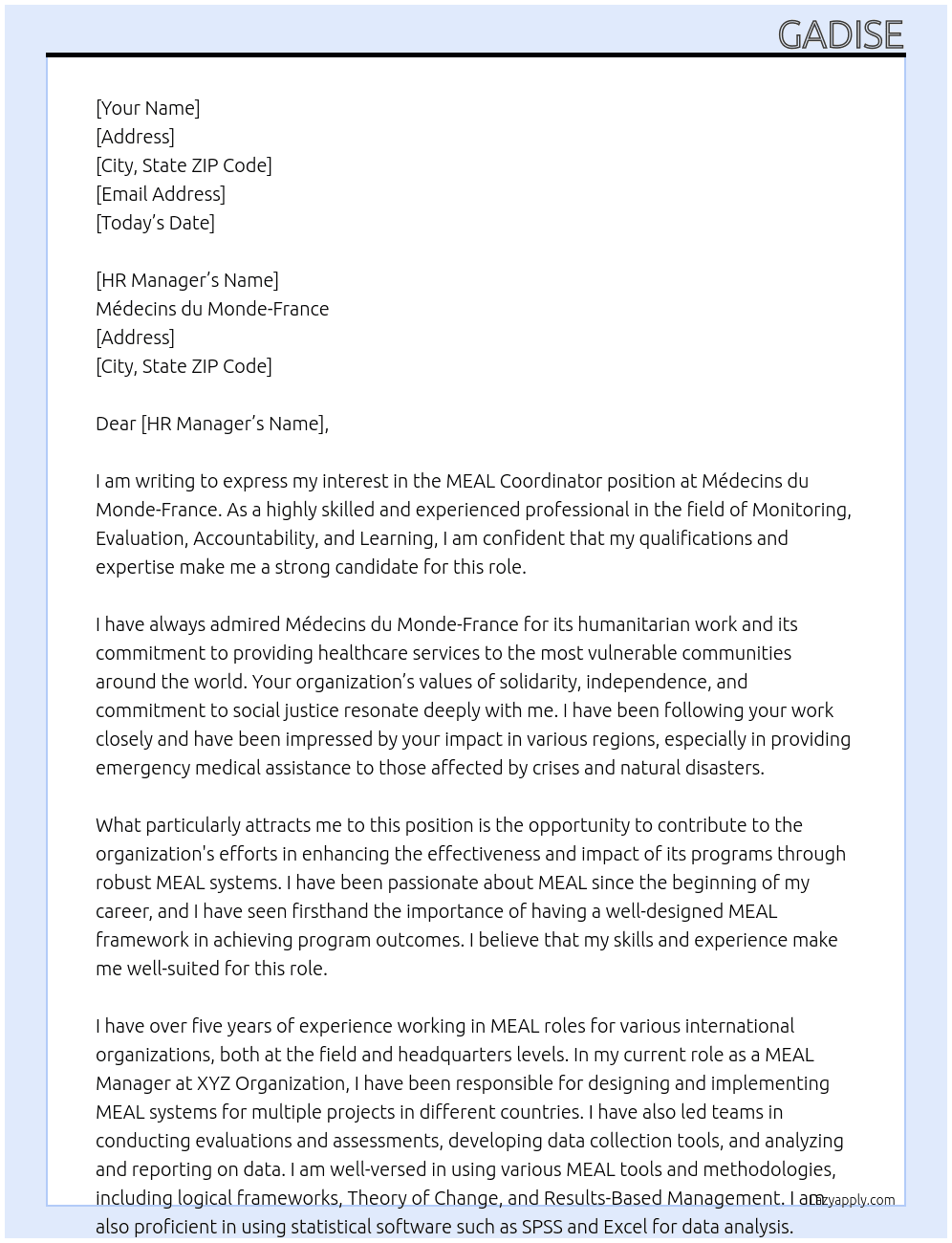 MEAL Coordinator At Médecins du Monde-France  Cover Letter