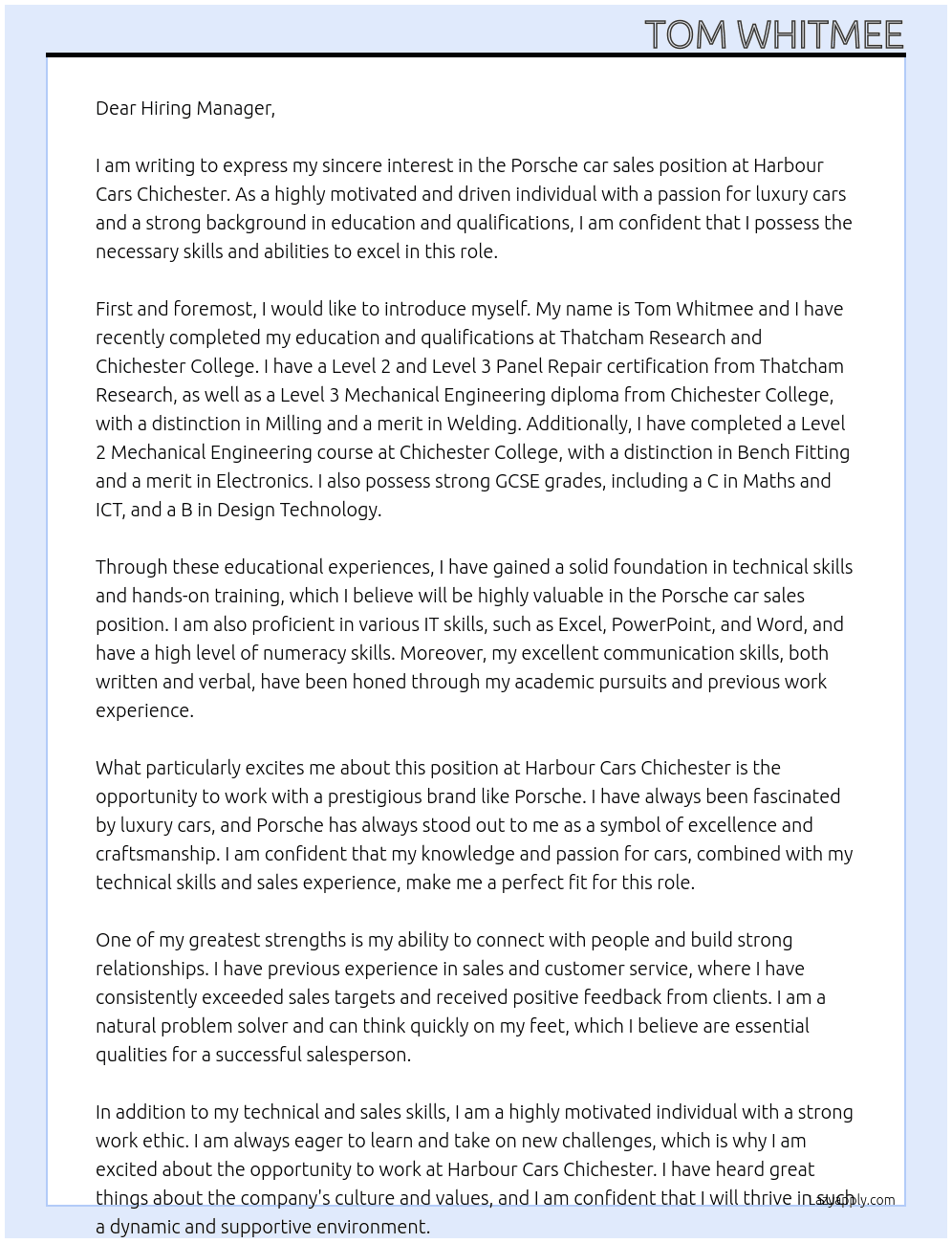 Porsche car sales  At Harbour cars Chichester  Cover Letter