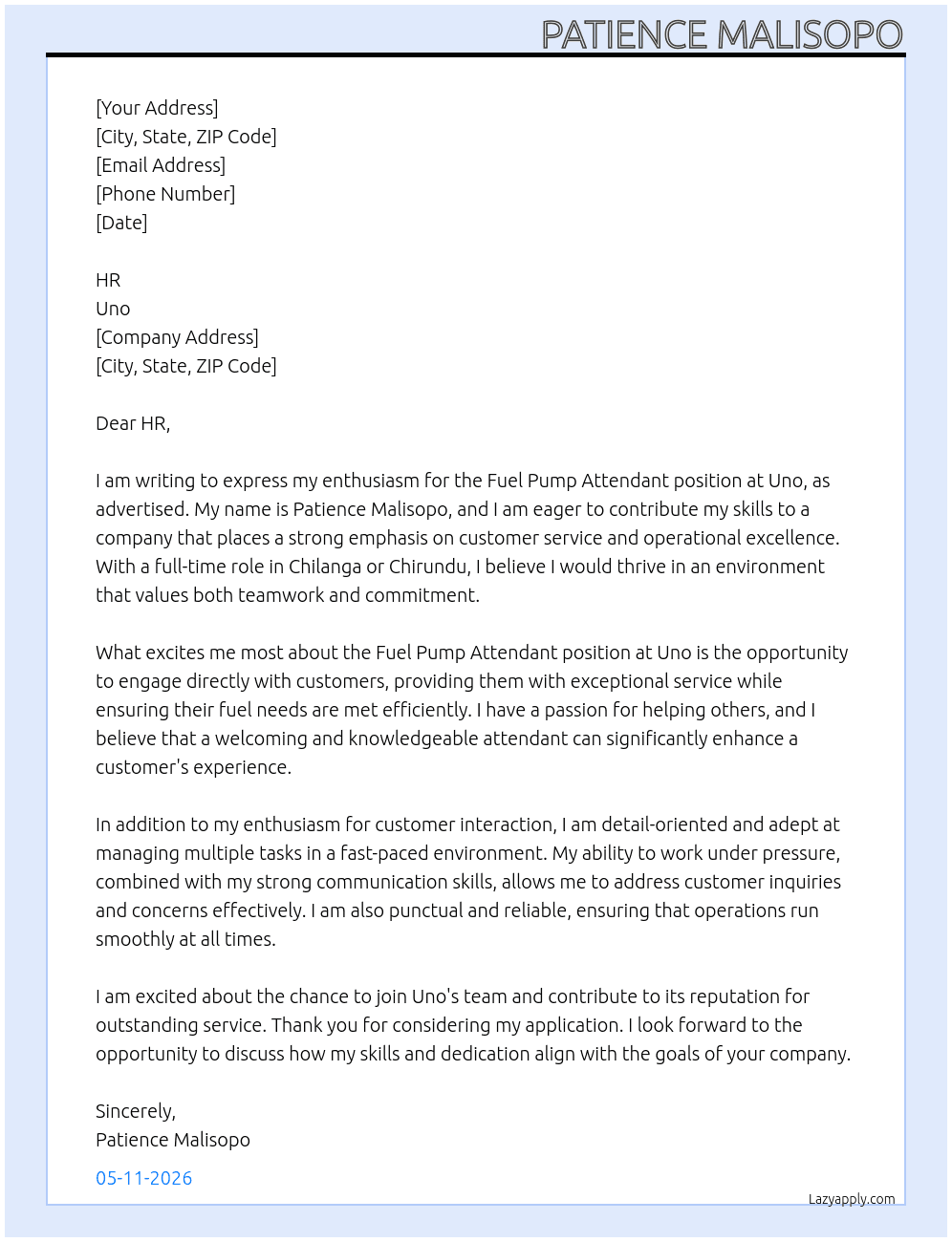 Fuel pump Antendant  At Uno Cover Letter