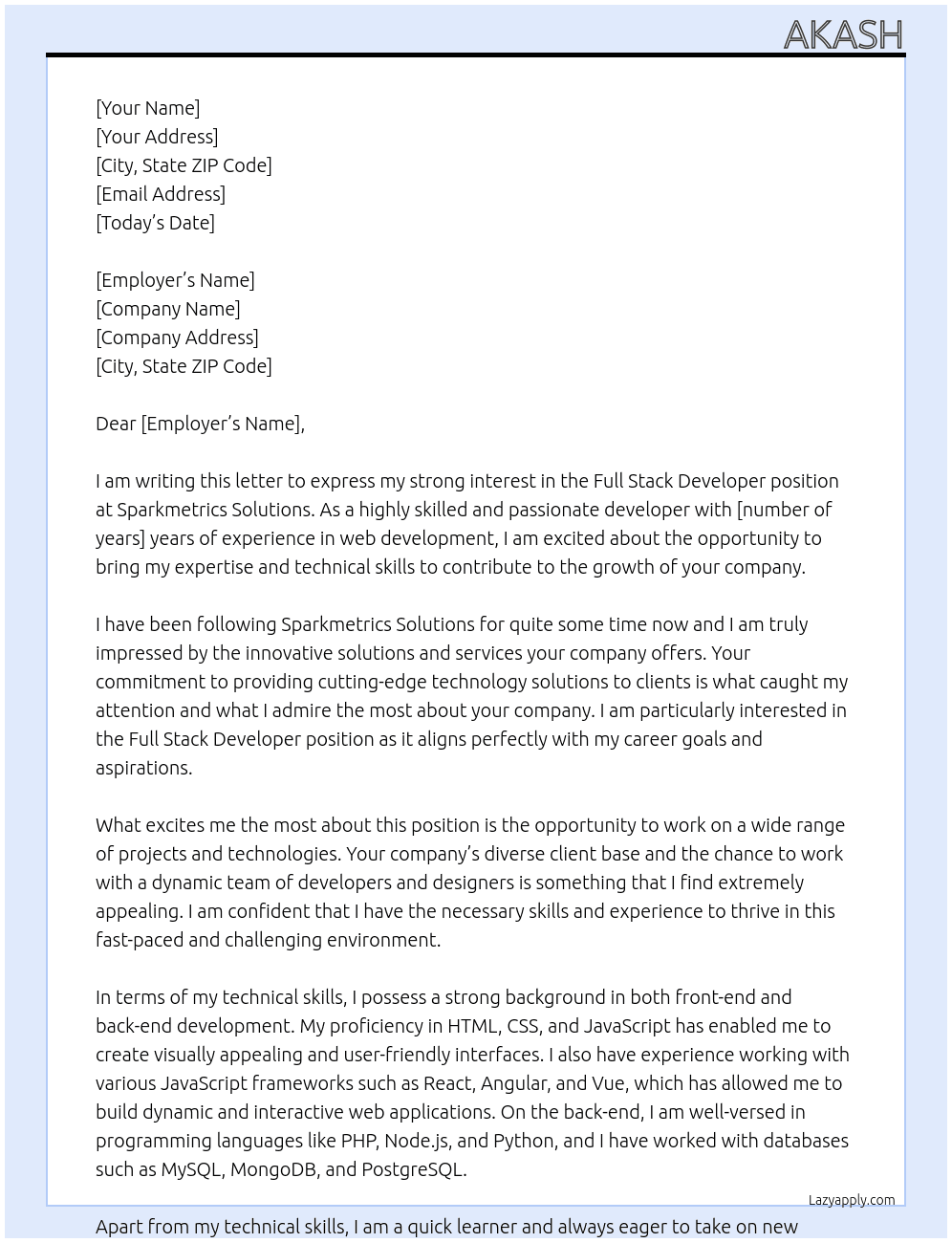 Full stack developer At Sparkmetrics Solutions Cover Letter