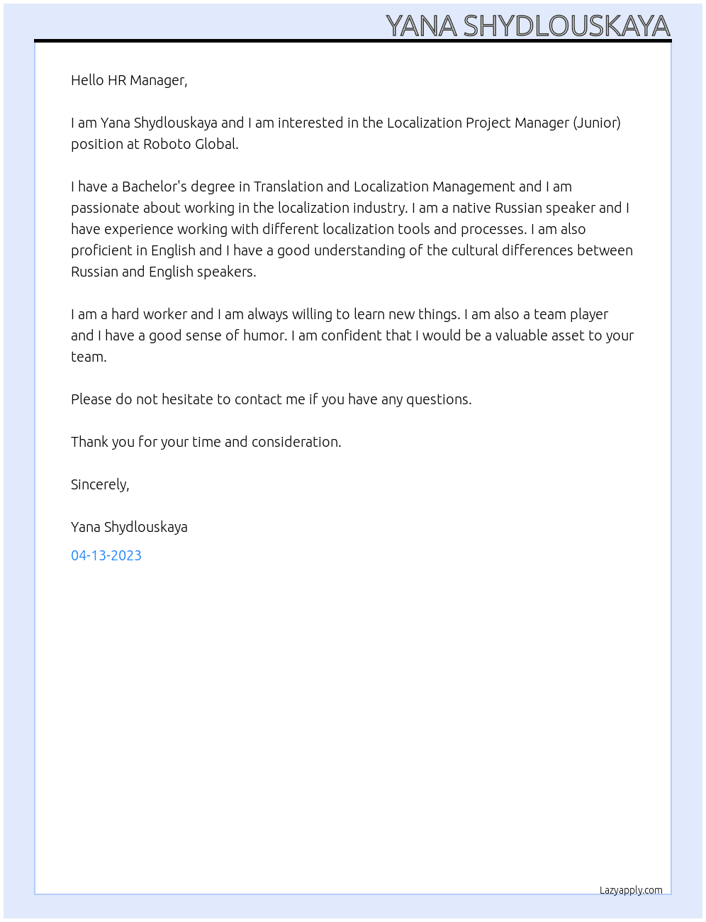 Localization Project Manager (Junior) At Roboto Global Cover Letter