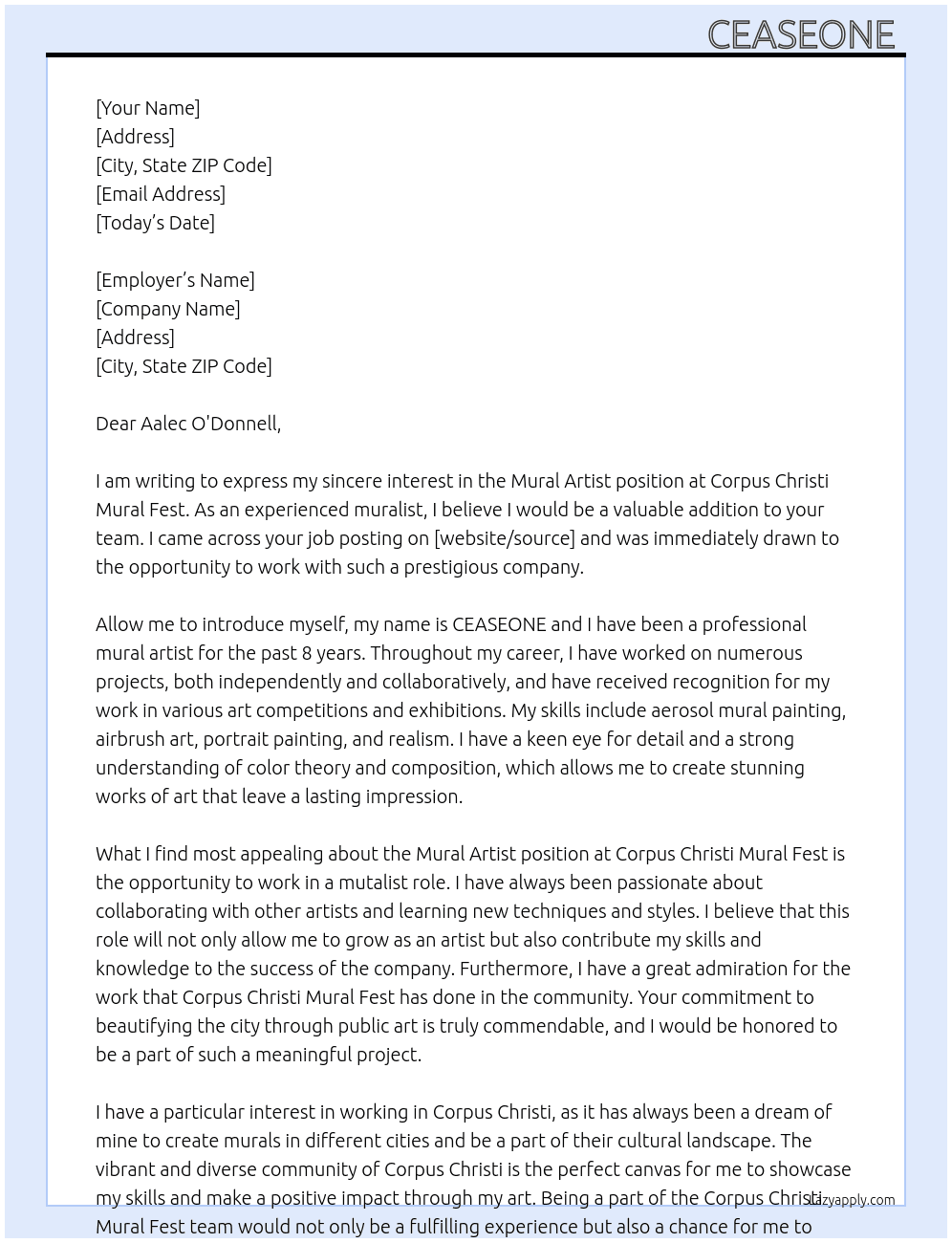 Mural artist At Corpus Christi Mural fest Cover Letter