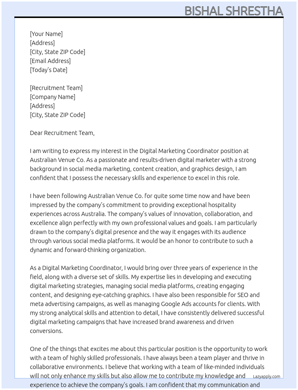 Digital Marketing Coordinator At Australian Venue Co. Cover Letter