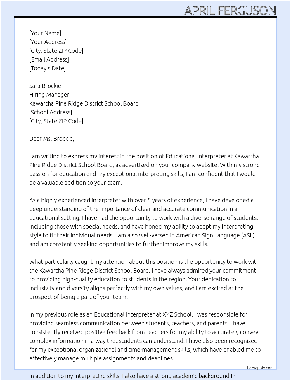 Educational Interpreter At Kawartha Pine Ridge District School Board Cover Letter