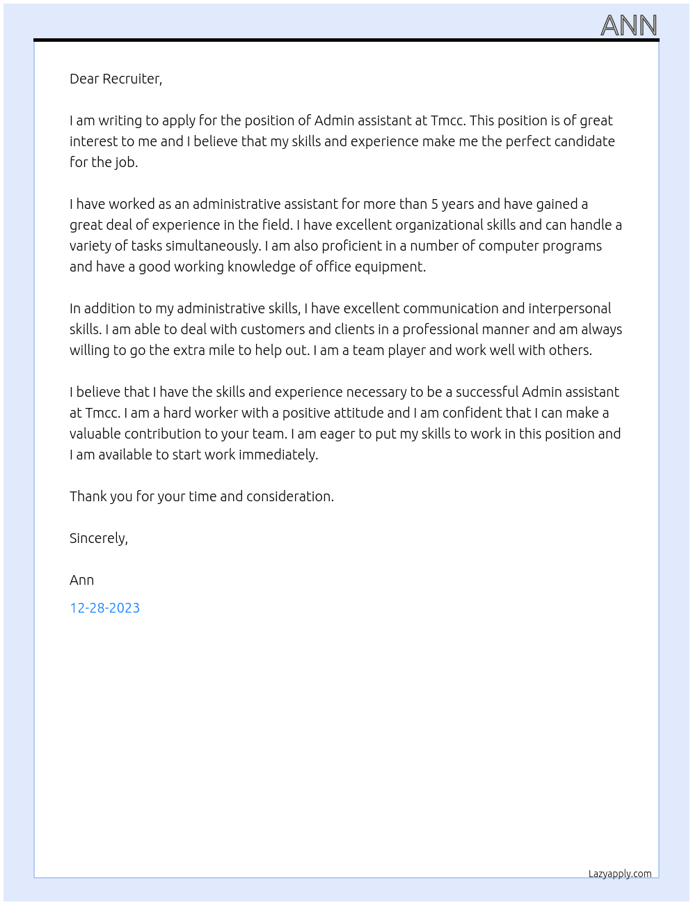 Admin assistant  At Tmcc Cover Letter