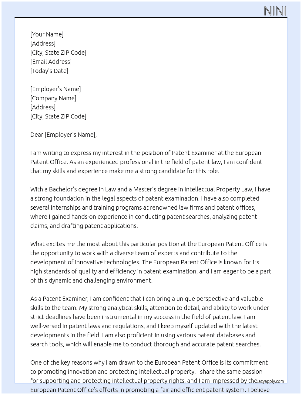 Patent Examiner At European patent office Cover Letter