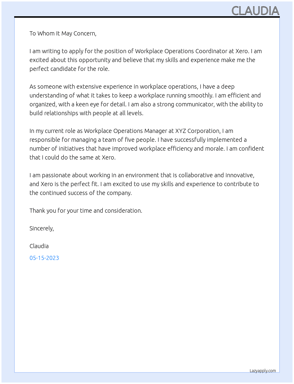 workplace operations coordinator At xero Cover Letter