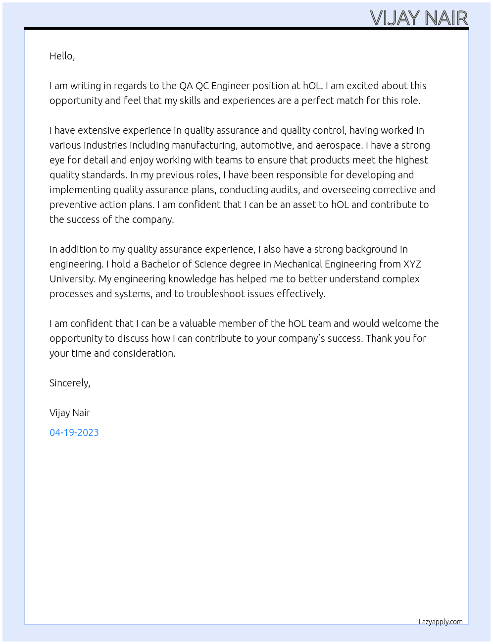 QA QC Engineer At hOL Cover Letter