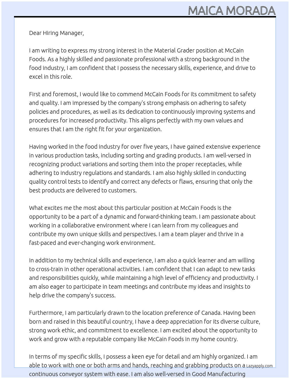 Material Grader At McCain Foods Cover Letter