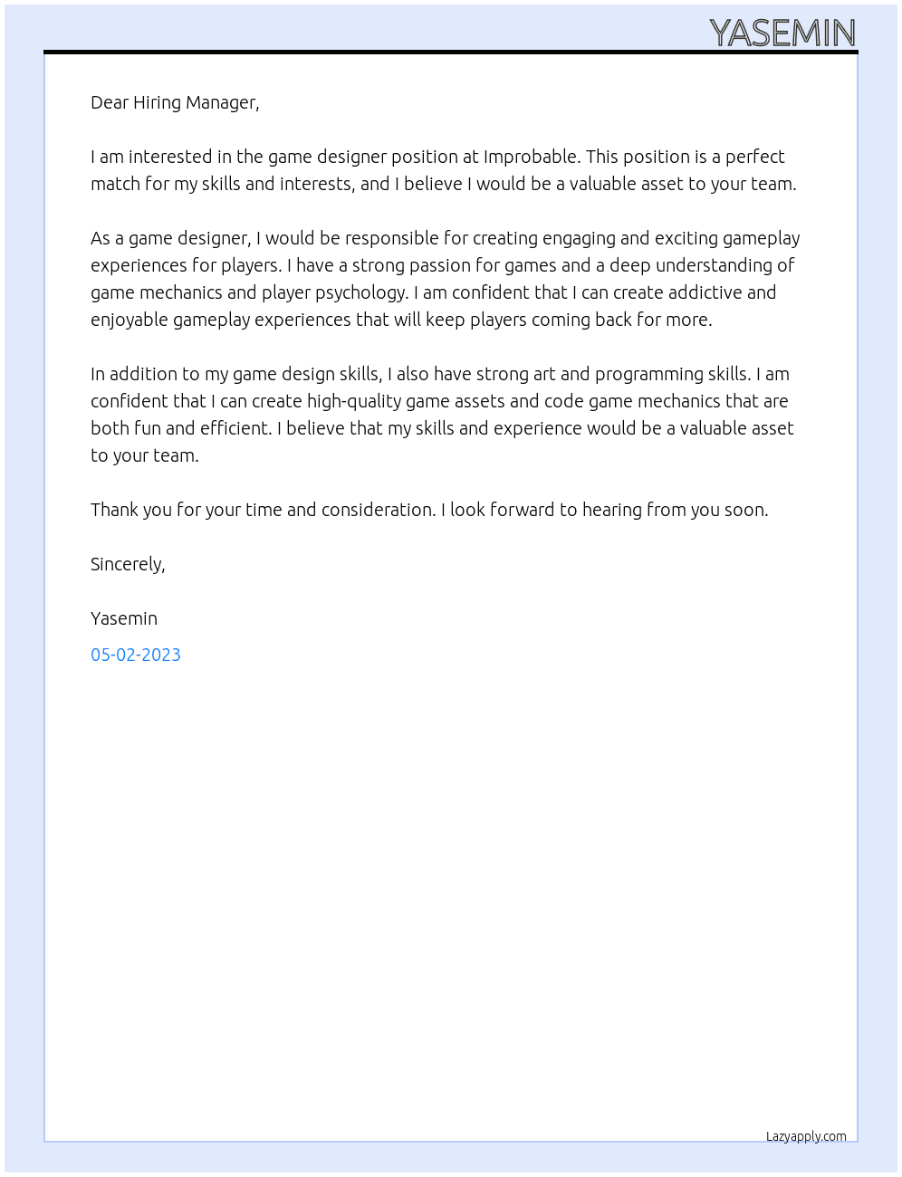 game designer At Improbable Cover Letter