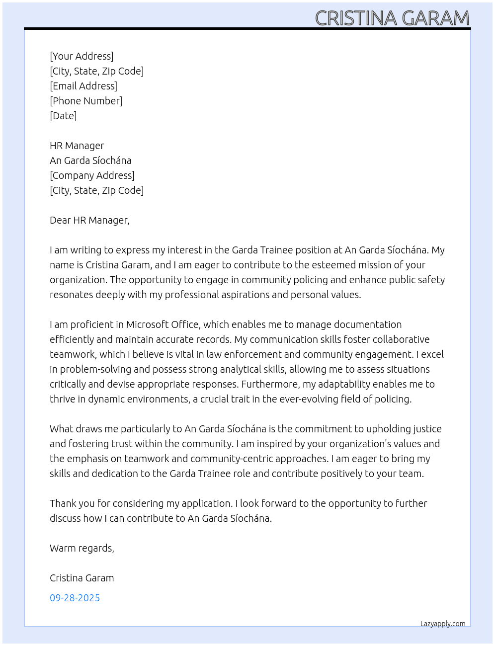 Garda Trainee At An Garda Sochiana Cover Letter