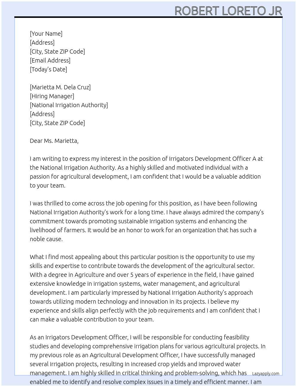 IRRIGATORS DEVELOPMENT OFFICER A At National Irrigation Authority Cover Letter