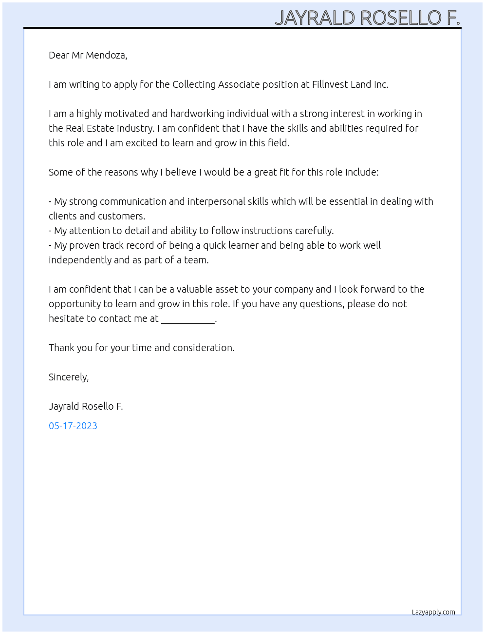 Collecting Associate At Fillnvest Land Inc. Cover Letter