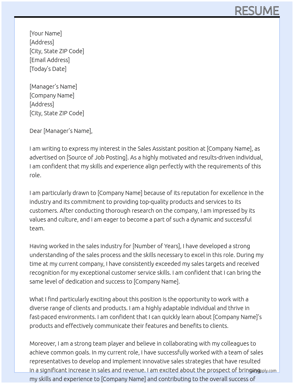 Sales Assitant At company Cover Letter