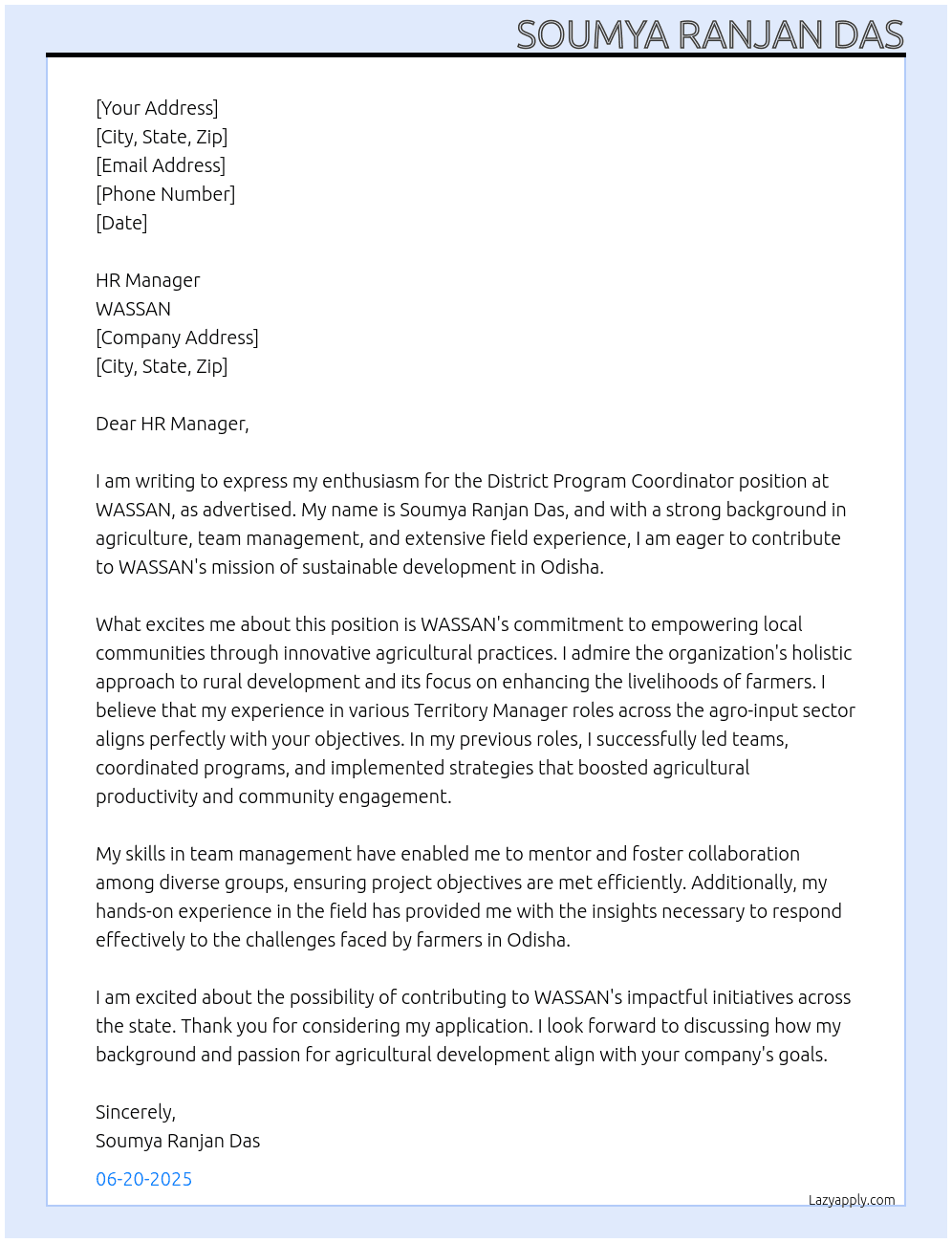 District program coordinator At WASSAN Cover Letter