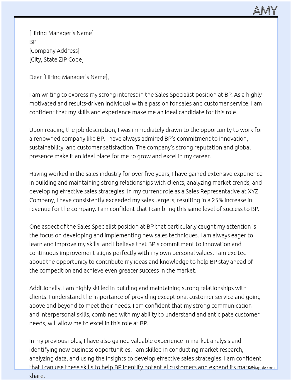 Sales Specialist At BP Cover Letter