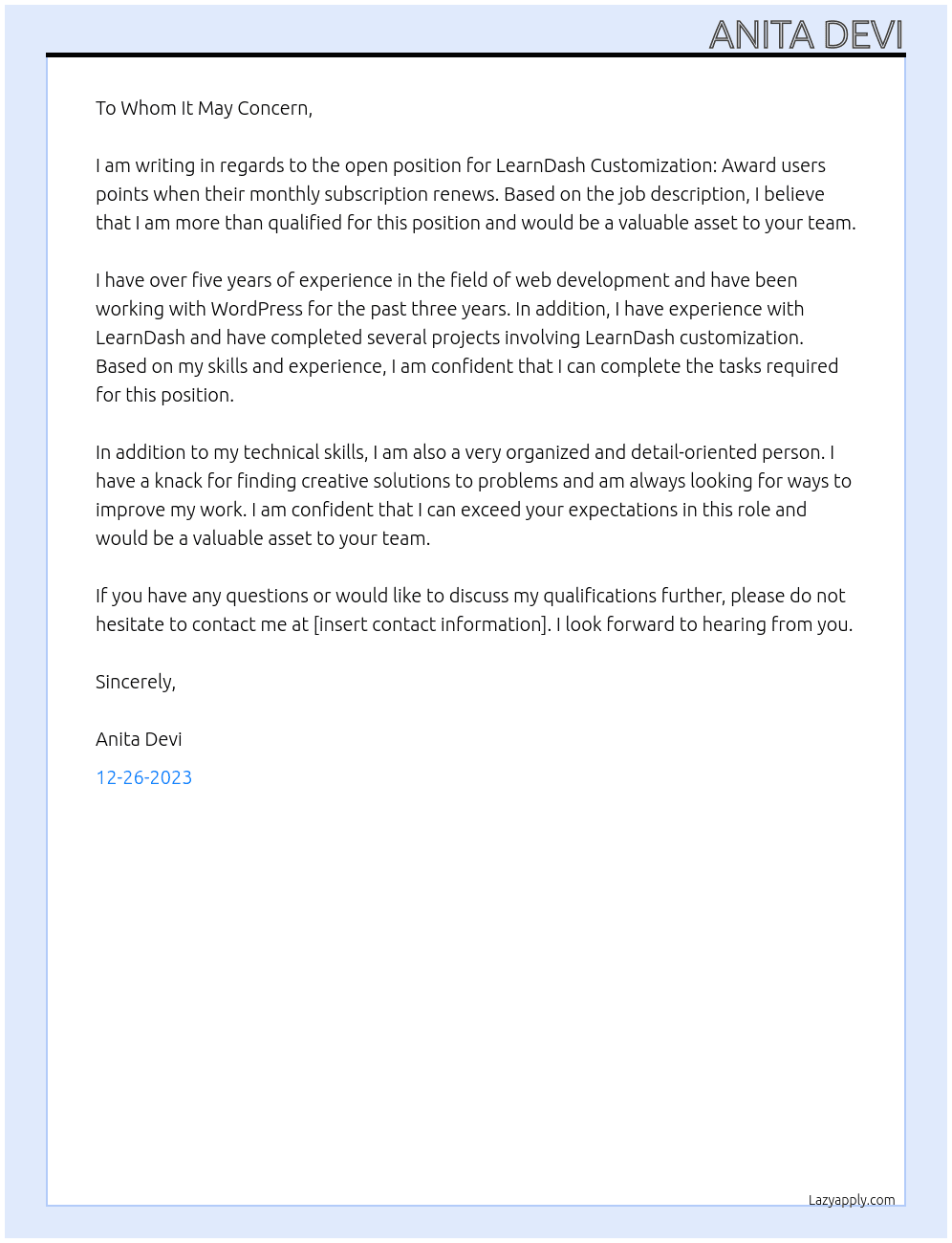 LearnDash Customization: Award users points when their monthly subscription renews At LearnDash Customization: Cover Letter