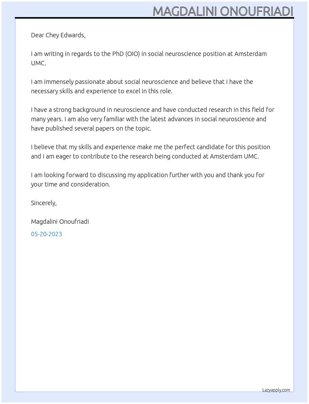 PhD (OIO) in social neuroscience At Amsterdam UMC Cover Letter