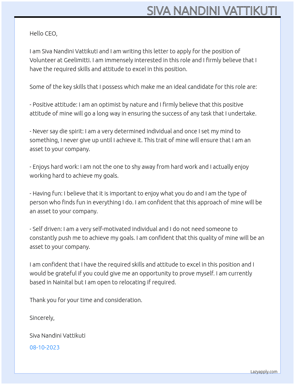 Volunteer  At Geelimitti  Cover Letter