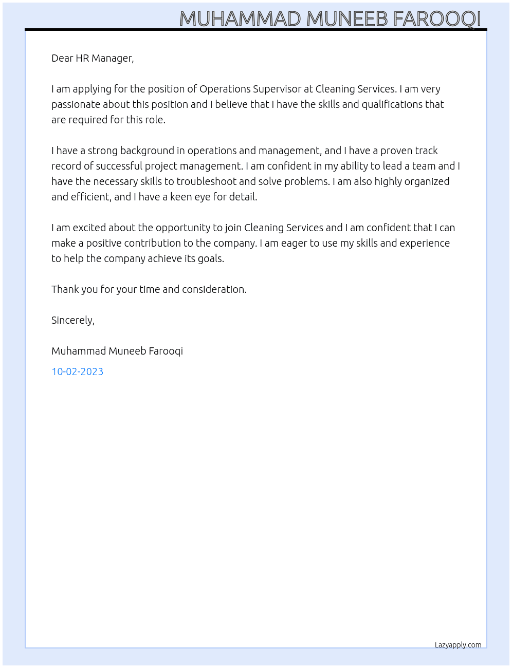 Operations supervisor  At Cleaning services  Cover Letter