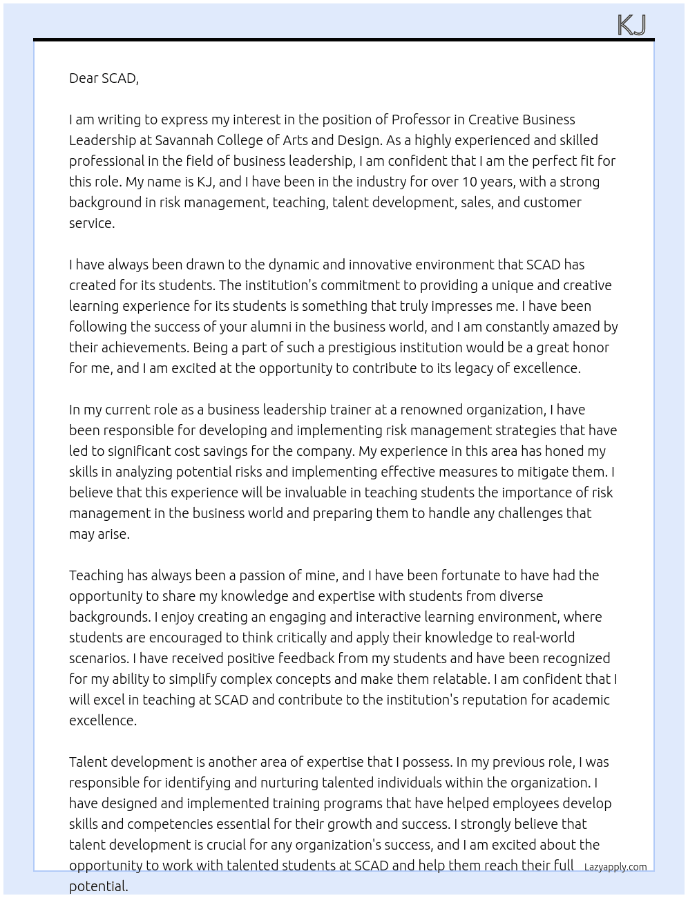 Professor in Creative Business Leadership At Savannah College of Arts and Design Cover Letter