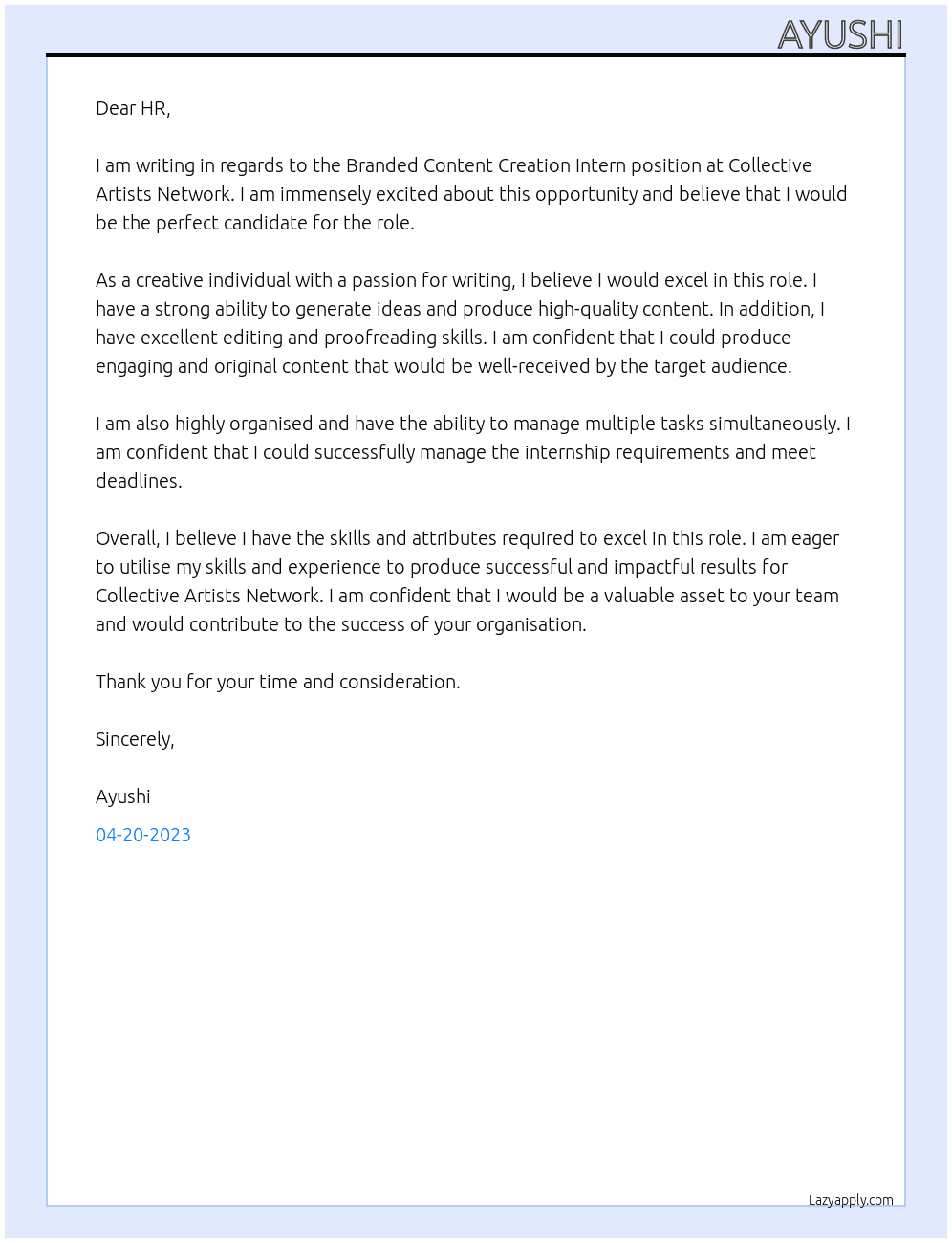 Branded Content Creation Interns At Collective Artists Network Cover Letter