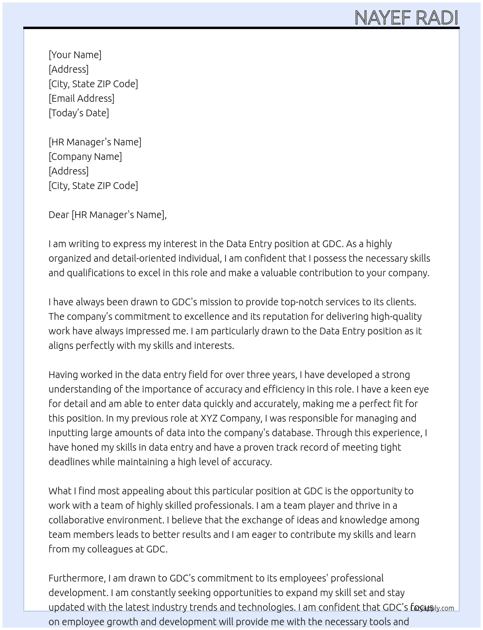 Data Entry  At GDC Cover Letter