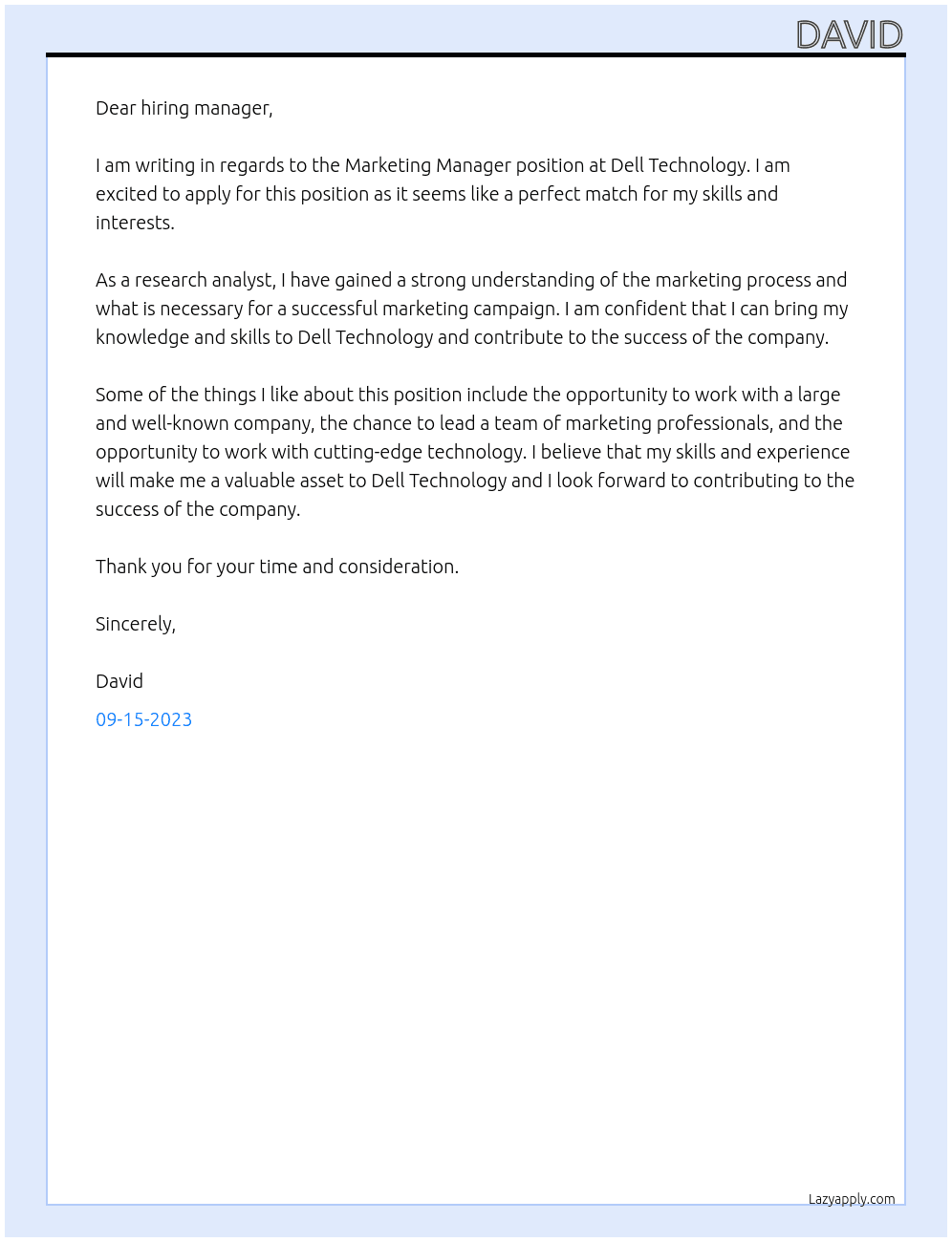 Marketing Manager At Dell Technology Cover Letter