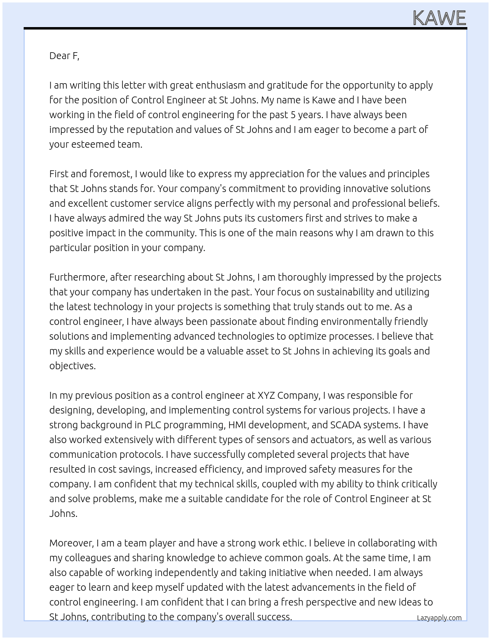 Control engineer At St Johns Cover Letter