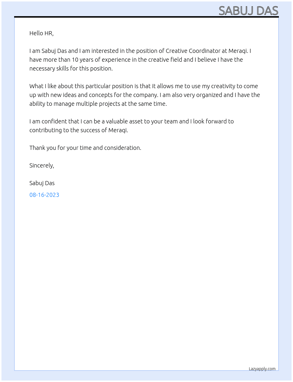 Creative Coordinator At Meraqi Cover Letter