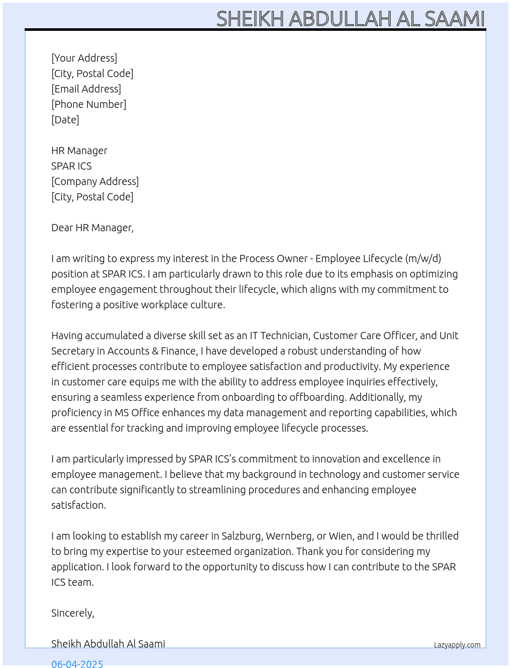 Process Owner - Employee Lifecycle (m/w/d) At SPAR ICS Cover Letter